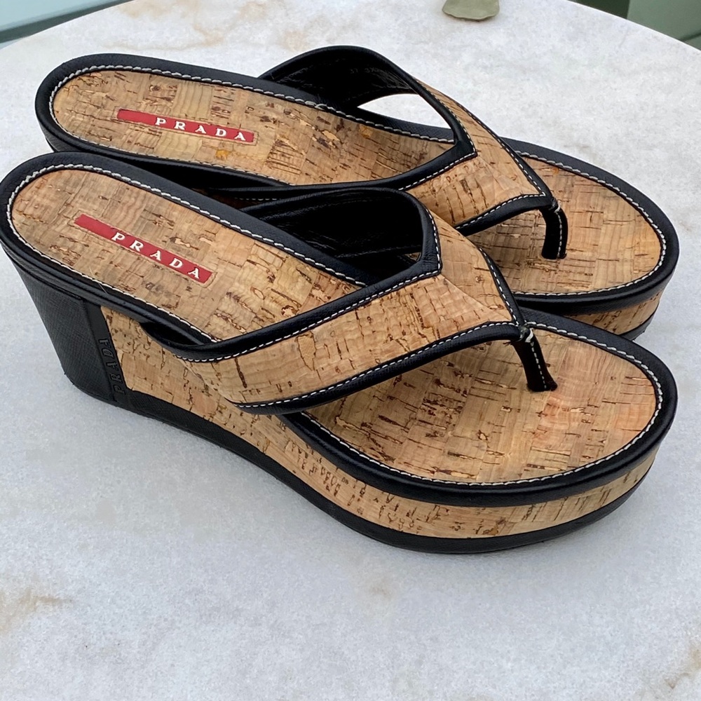 PRADA Thong Cork Wedge Sandals